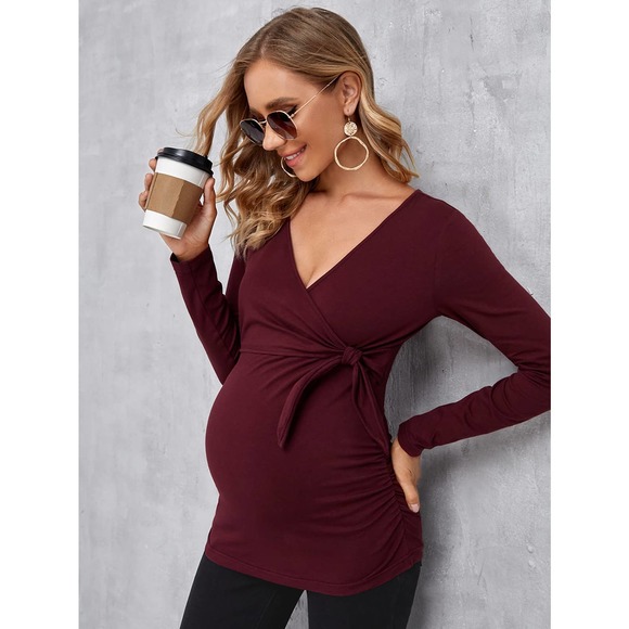 Maternity Solid Nursing v neck long sleeve Tee tie front black - Picture 10 of 11